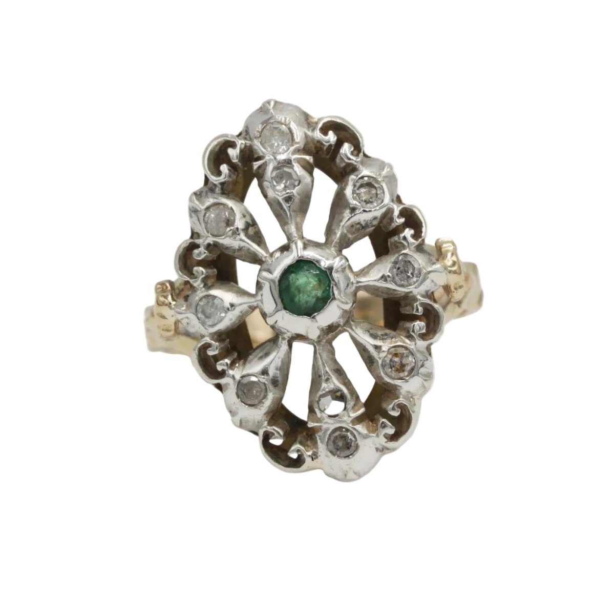 Bague en or jaune, argent, émeraude et diamants - Castafiore
