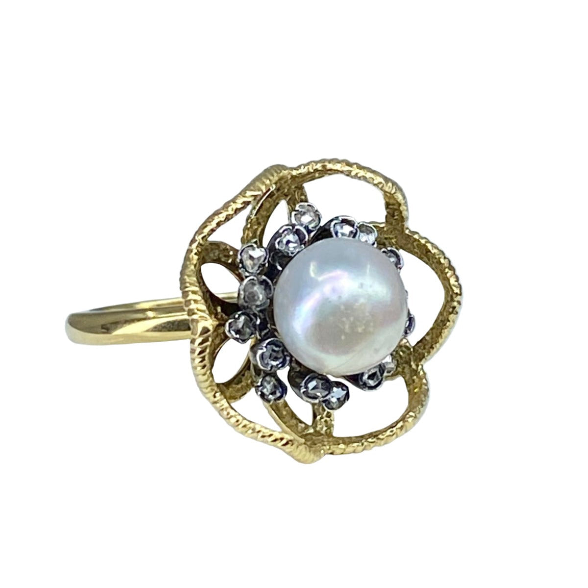 Bague en or jaune, argent , perle fine et diamant - Castafiore