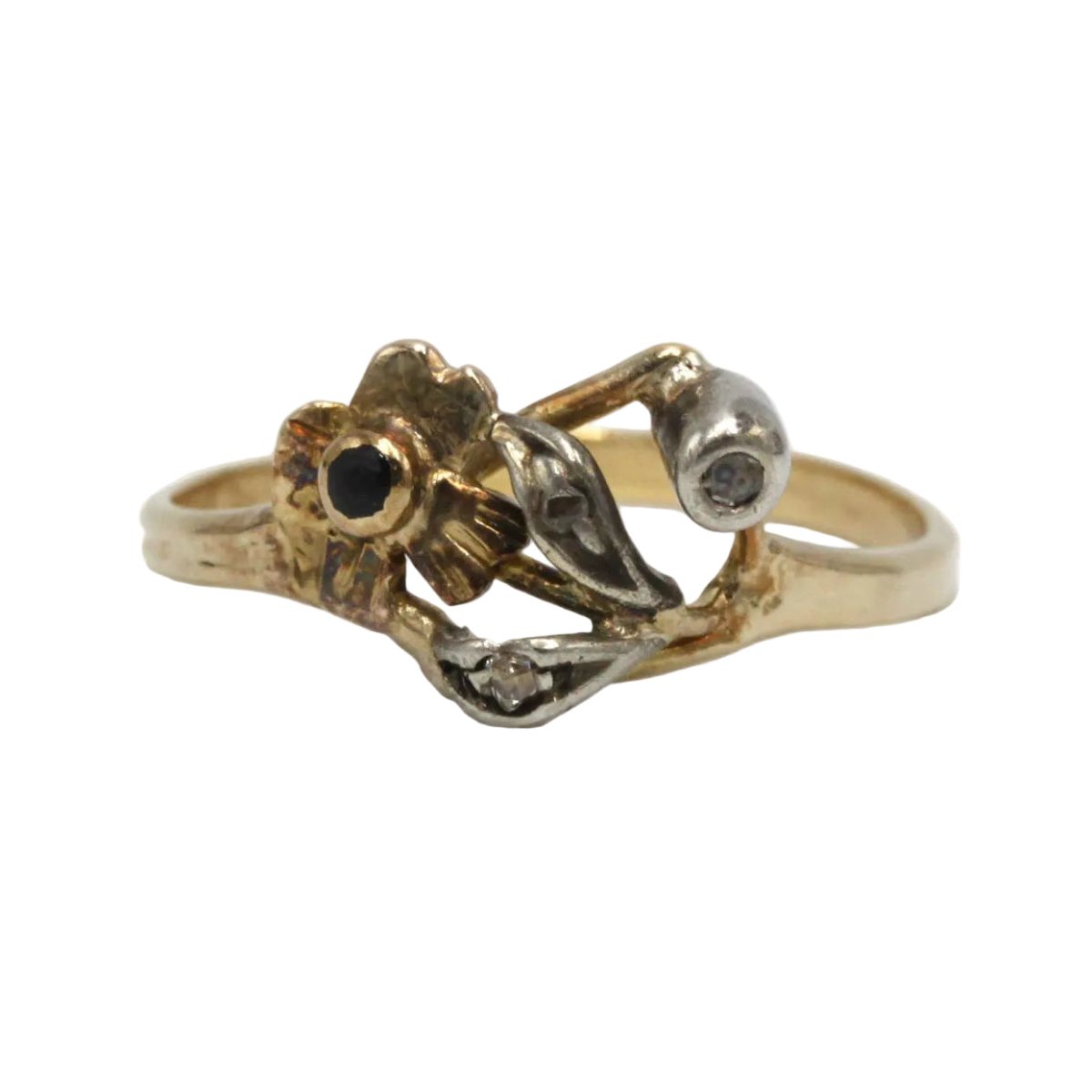 Bague en or jaune, argent, pierre noire et diamants - Castafiore