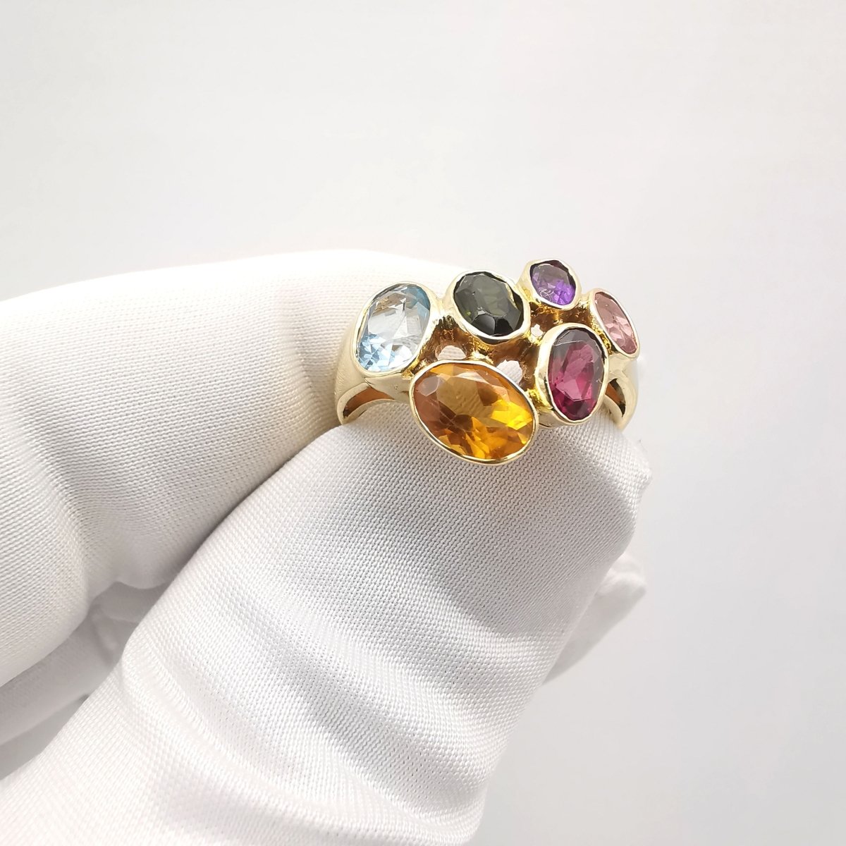 Bague en or jaune, citrine, aigue marine, péridot, grenat, améthyste et tourmaline - Castafiore