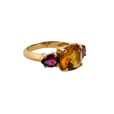 Bague en or jaune, citrine et rhodolite - Castafiore