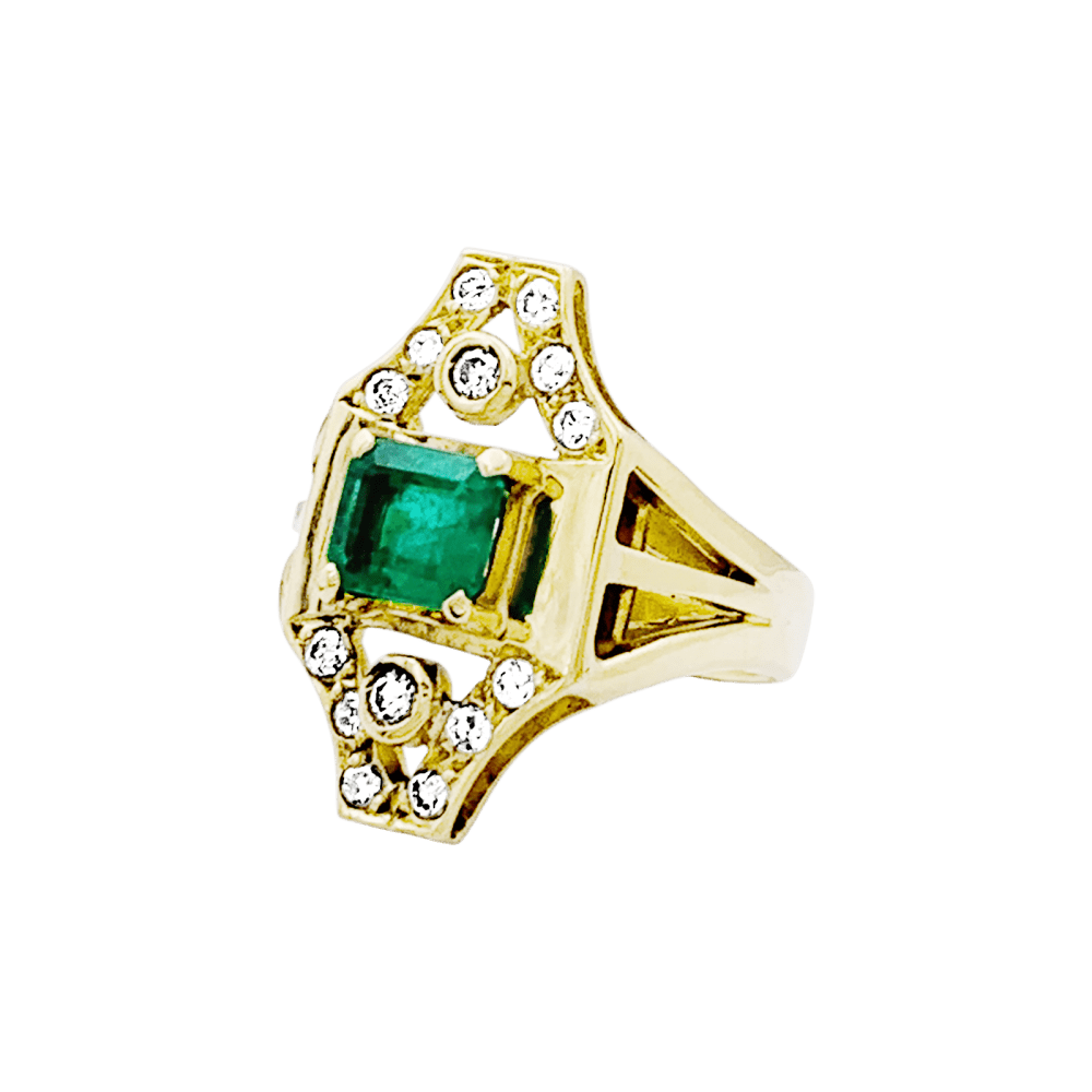 Bague en or jaune, émeraude et diamants - Castafiore