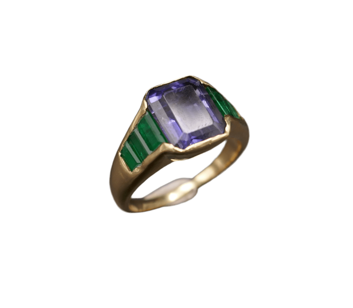Bague en or jaune, iolite et émeraudes - Castafiore