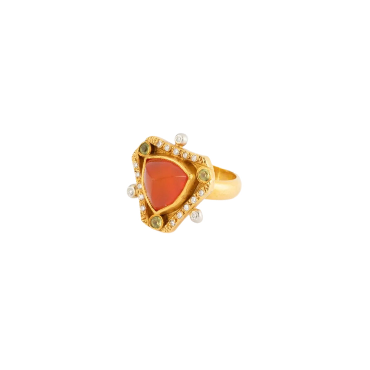 Bague Étrusque en or jaune, opale de feu, péridots et diamants