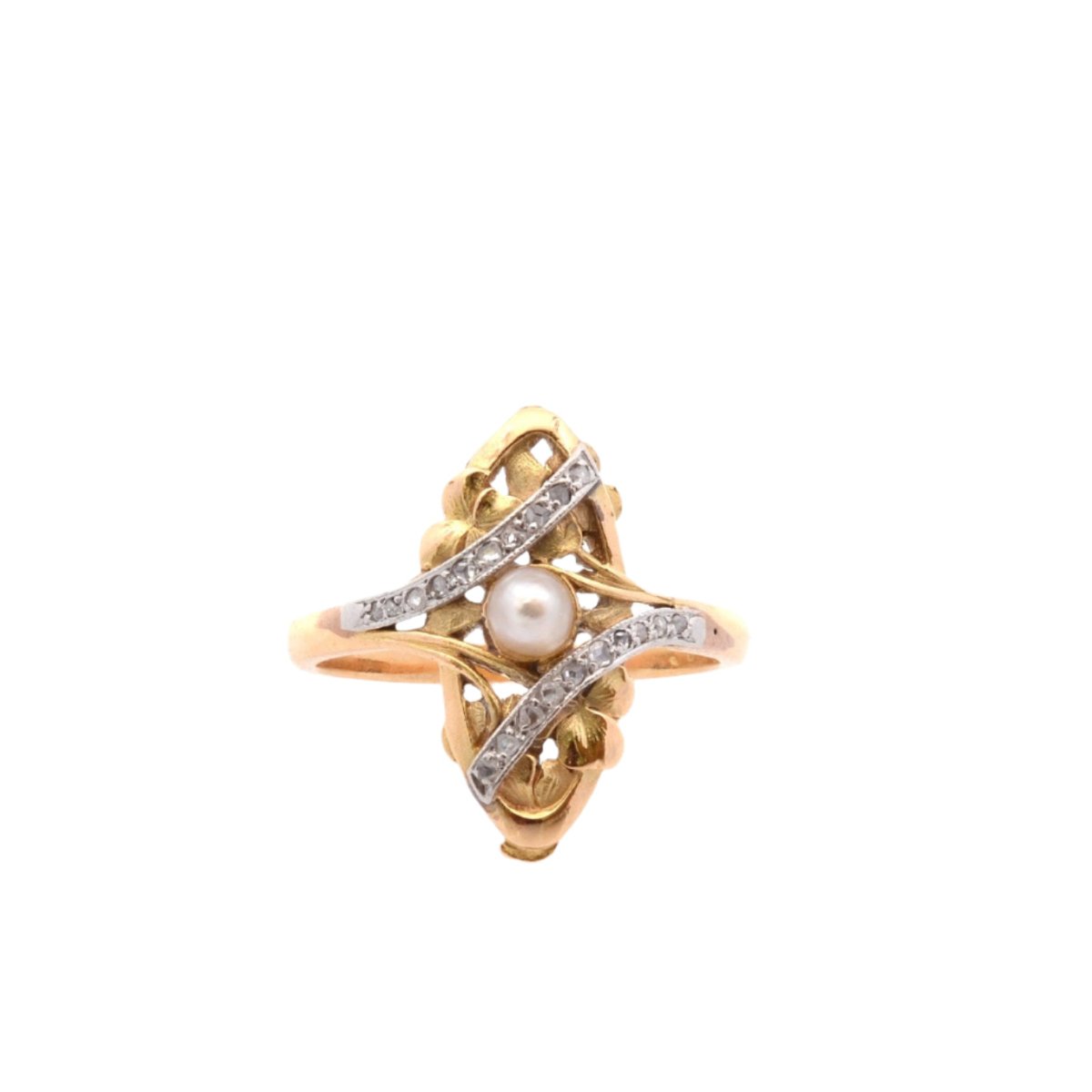 Bague en or jaune, perle et diamants - Castafiore