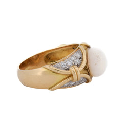 Bague en or jaune, perle et diamants - Castafiore