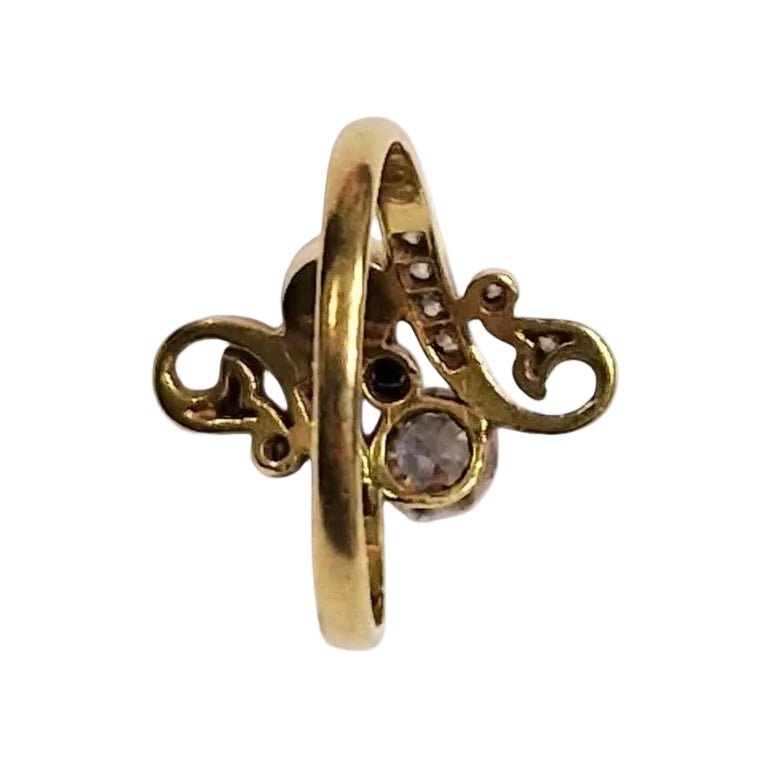 Bague en or jaune, perle et diamants - Castafiore