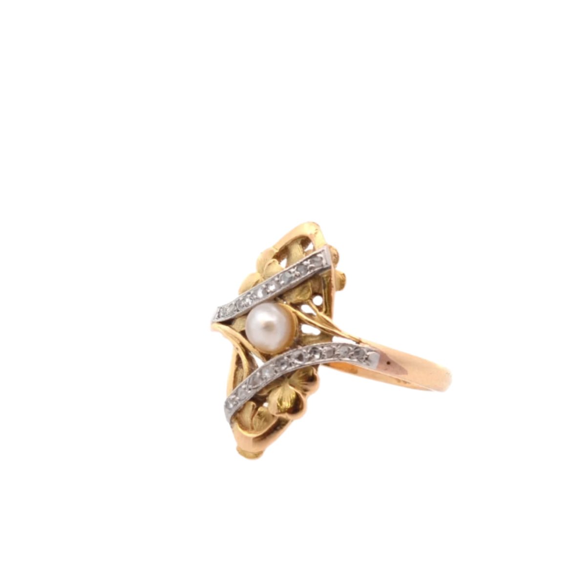 Bague en or jaune, perle et diamants - Castafiore