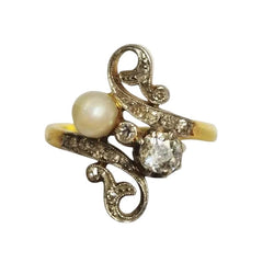 Bague en or jaune, perle et diamants - Castafiore