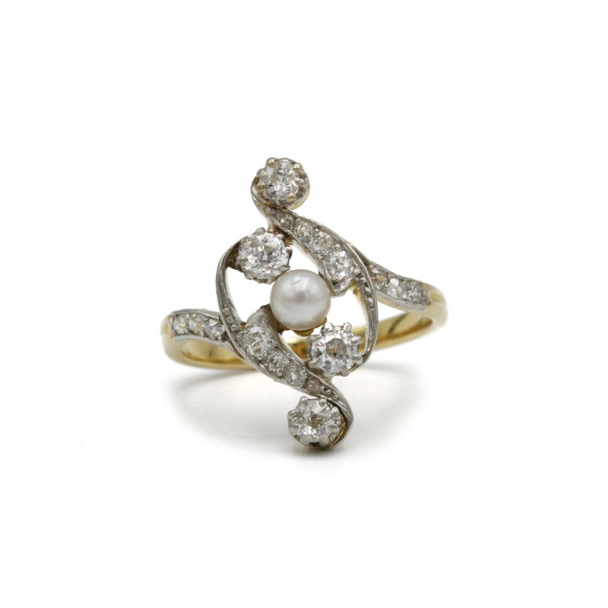 Bague en or jaune, perle et diamants - Castafiore