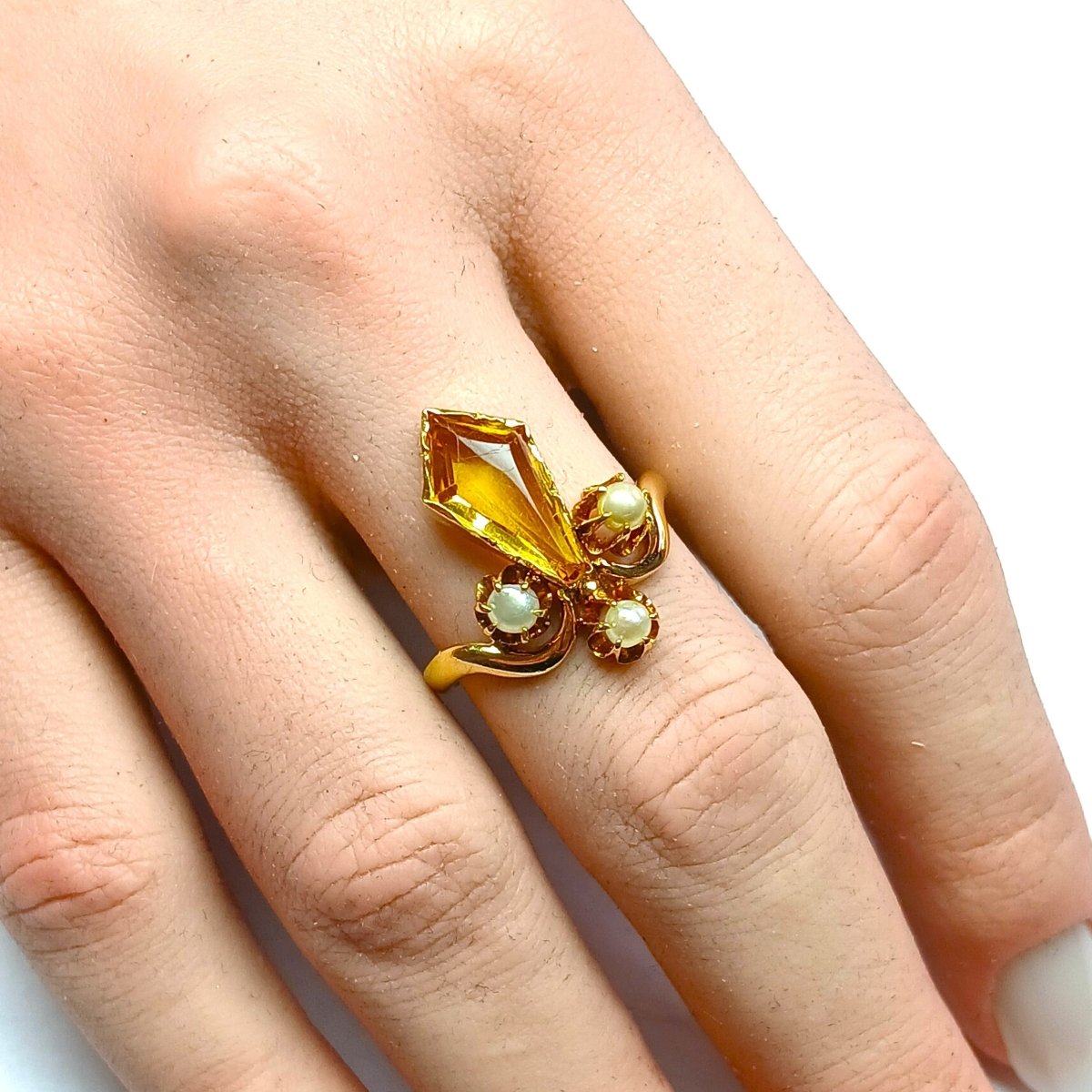 Bague en or jaune, perles et citrine - Castafiore