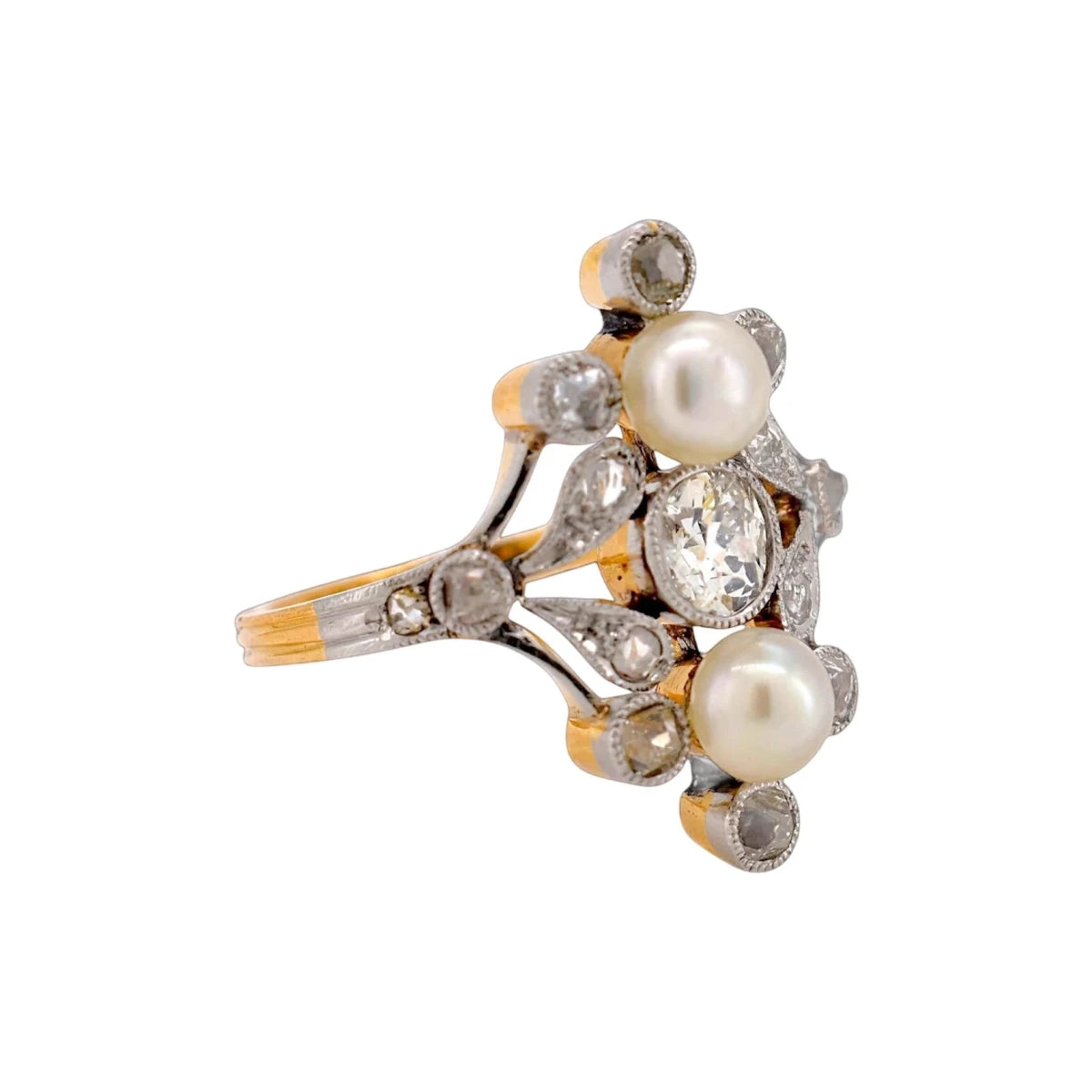 Bague en or jaune, perles et diamants - Castafiore