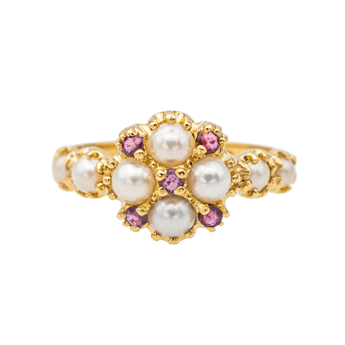 Bague en or jaune, perles et rubis - Castafiore