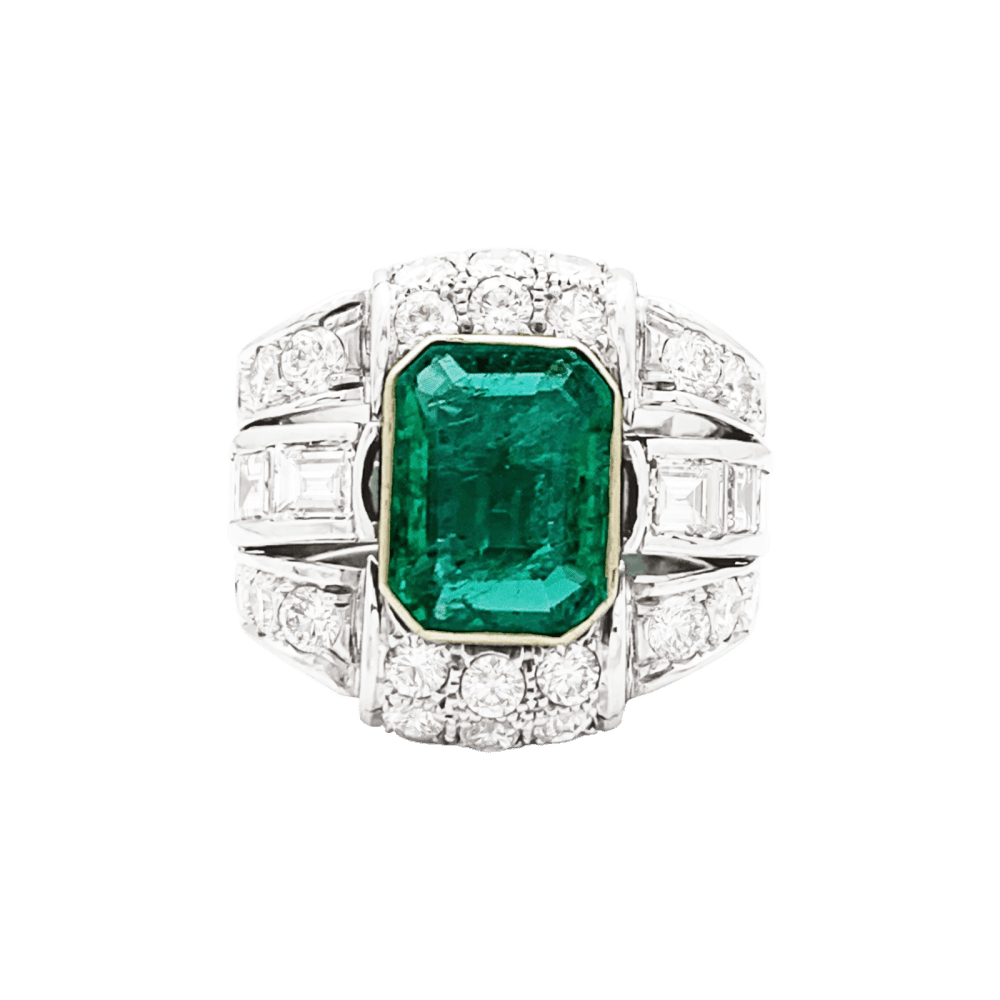 Bague en or jaune, platine, émeraude et diamants - Castafiore