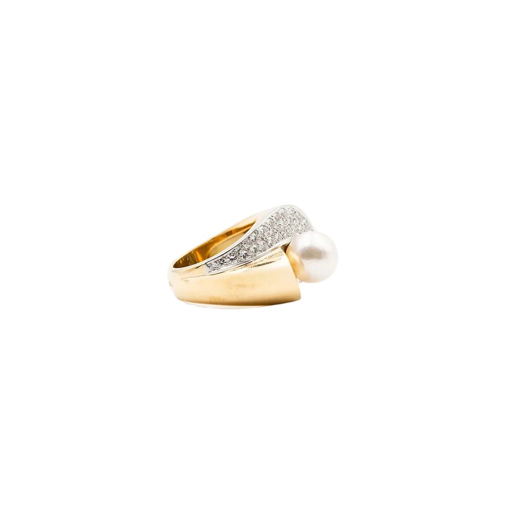 Bague en or jaune, platine, perle et diamants
