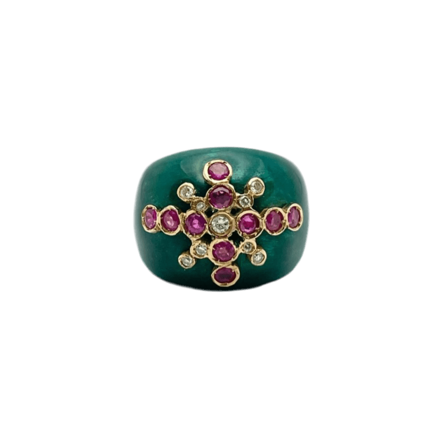 Bague en or jaune, rubis, émail et diamants - Castafiore