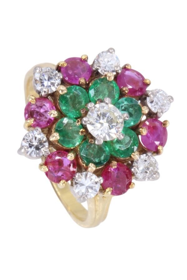 Bague en or jaune, rubis, émeraude et diamant - Castafiore