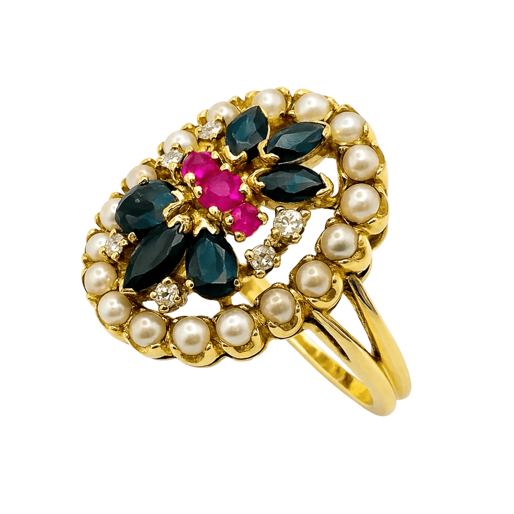 Bague en or jaune, rubis, saphirs, perles et diamants - Castafiore