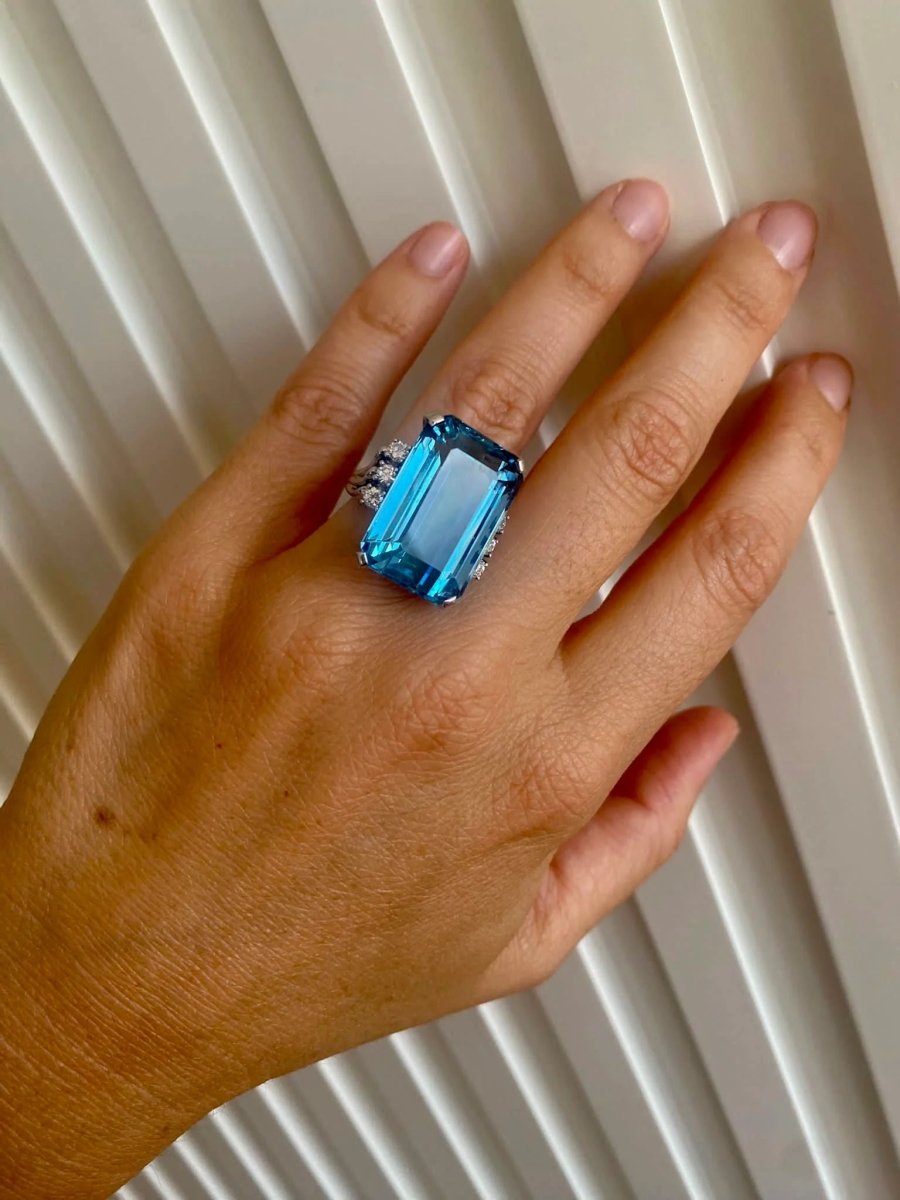 Bague en or vintage certifiée 25 carats aigue - marine diamant Santa Maria - Castafiore