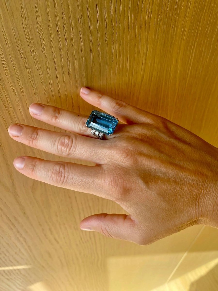 Bague en or vintage certifiée 25 carats aigue - marine diamant Santa Maria - Castafiore