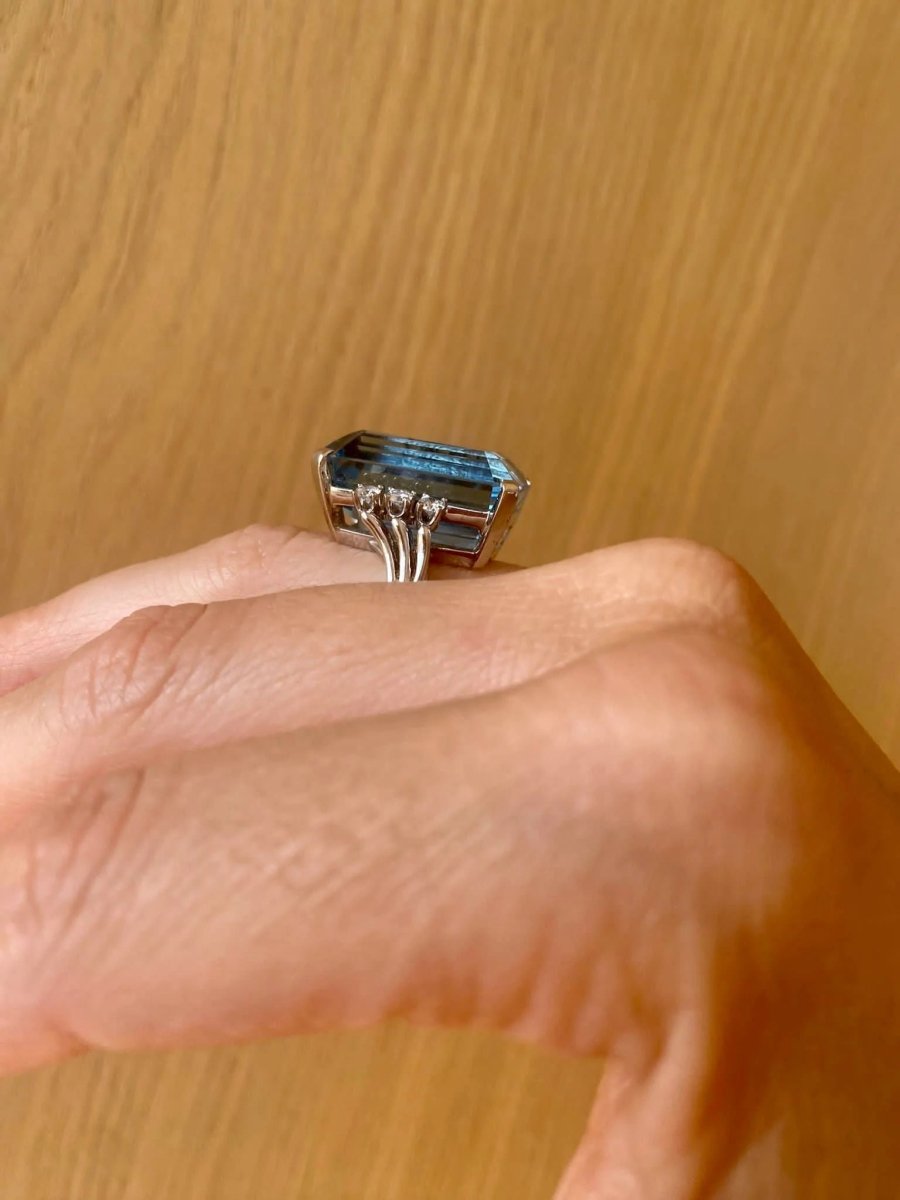 Bague en or vintage certifiée 25 carats aigue - marine diamant Santa Maria - Castafiore