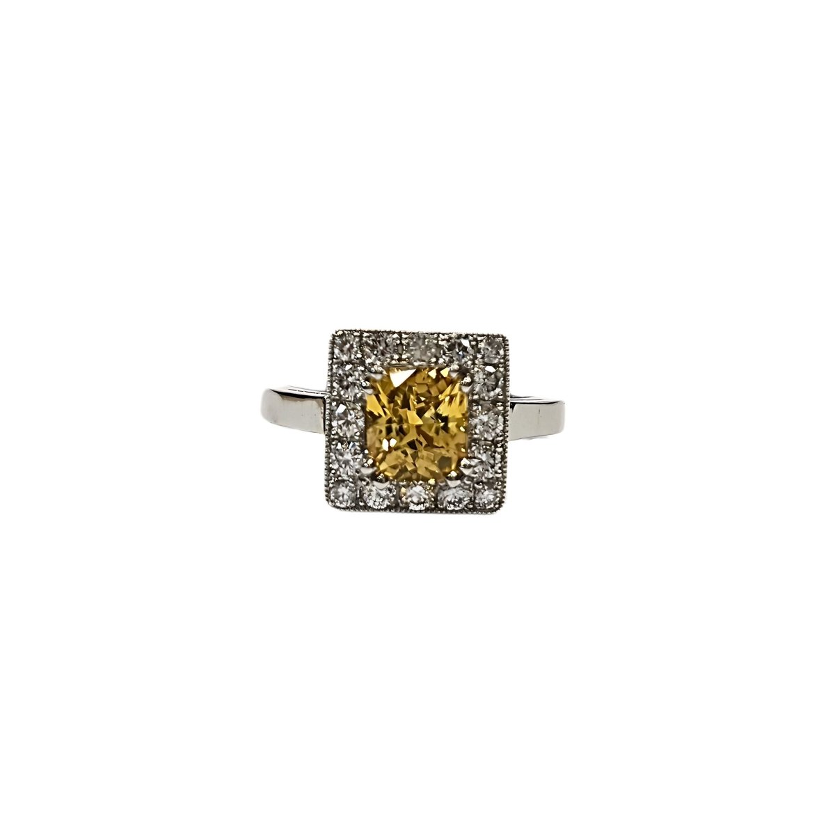 Bague en platine 850, diamants et saphir jaune naturels - Taille EU53 - Castafiore