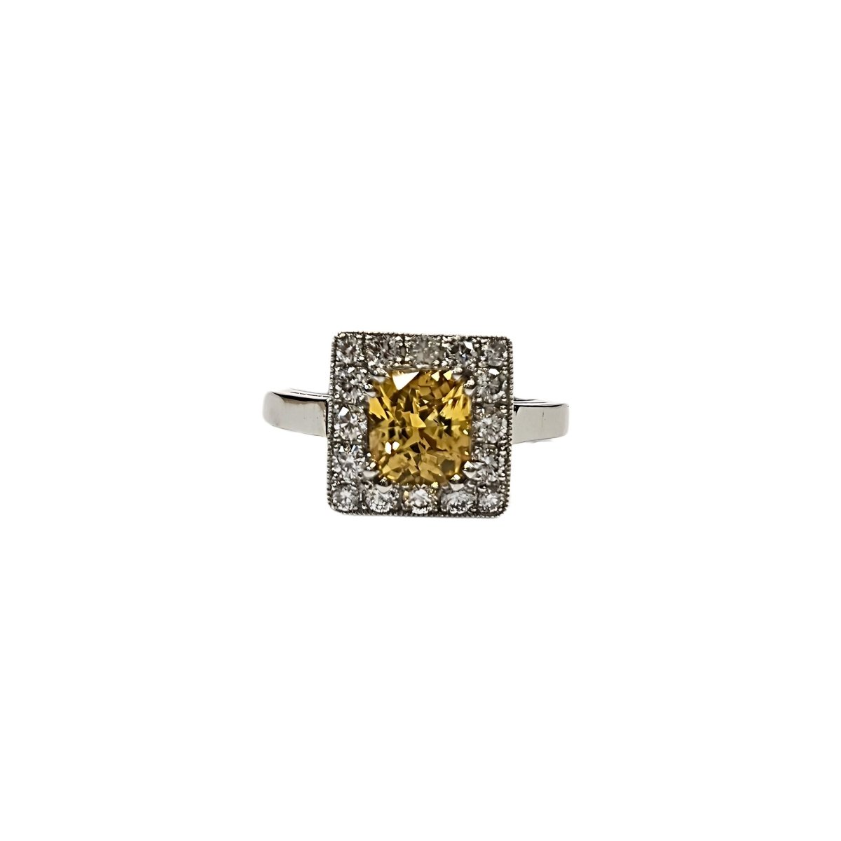 Bague en platine 850, diamants et saphir jaune naturels - Taille EU53 - Castafiore