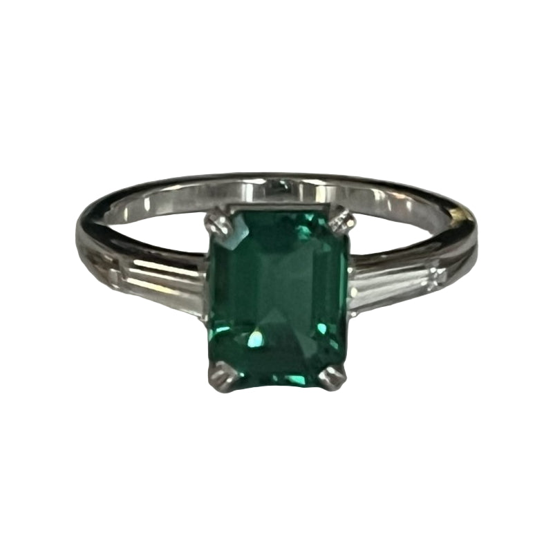 Bague en platine pierre verte et diamants - Castafiore