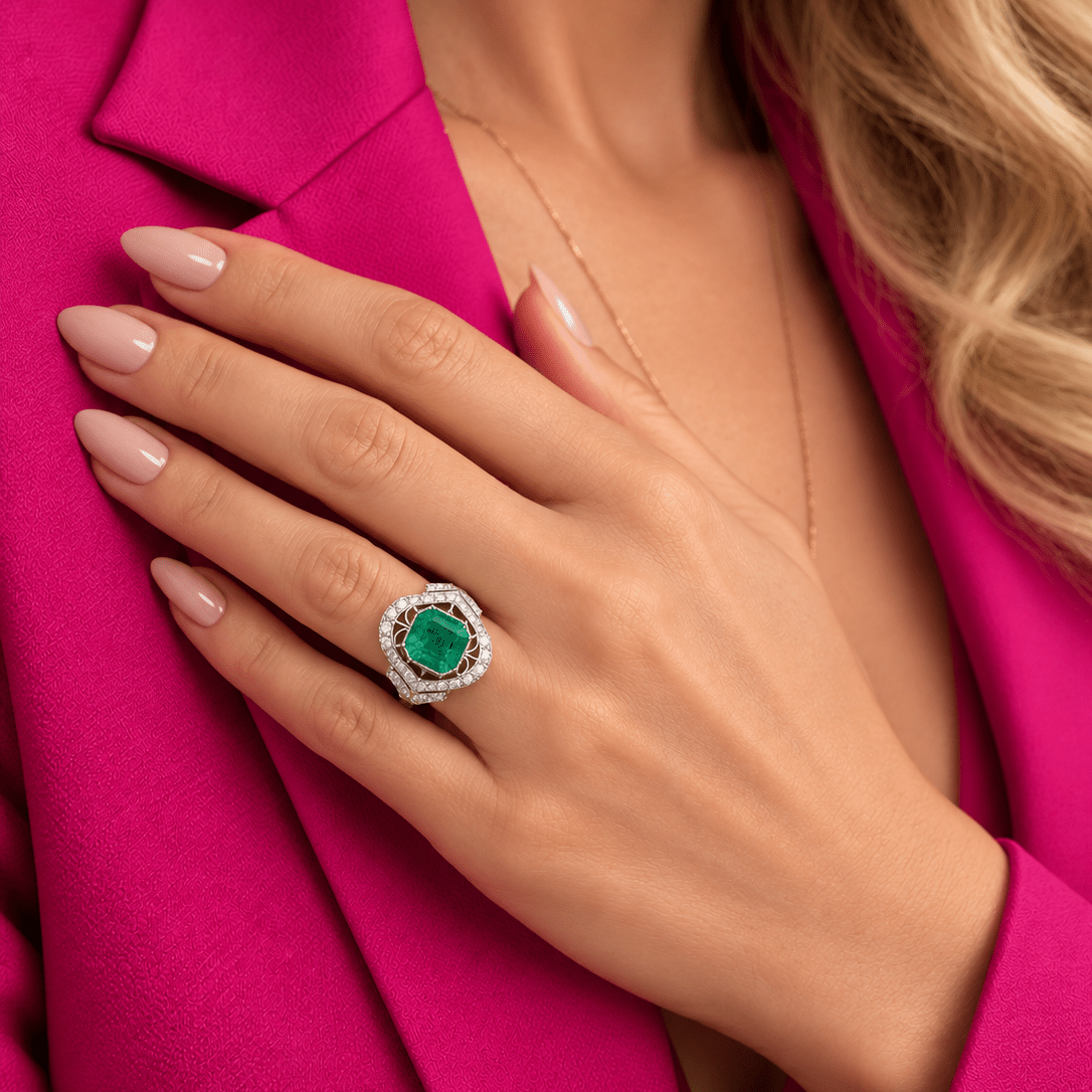 Bague Entourage Art Déco en platine, émeraude et diamants - Castafiore