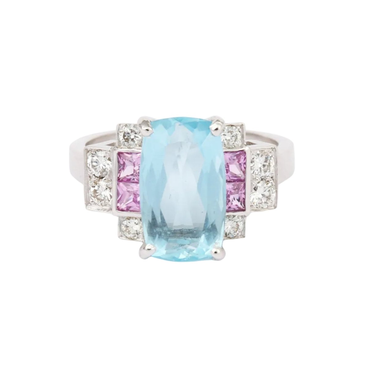 Bague Entourage en or blanc, aigue-marine, saphirs et diamants - Castafiore
