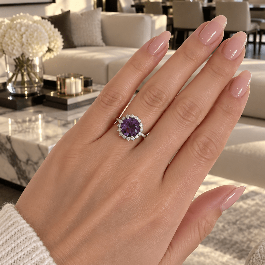 Bague Entourage en or blanc, améthyste et diamants - Castafiore