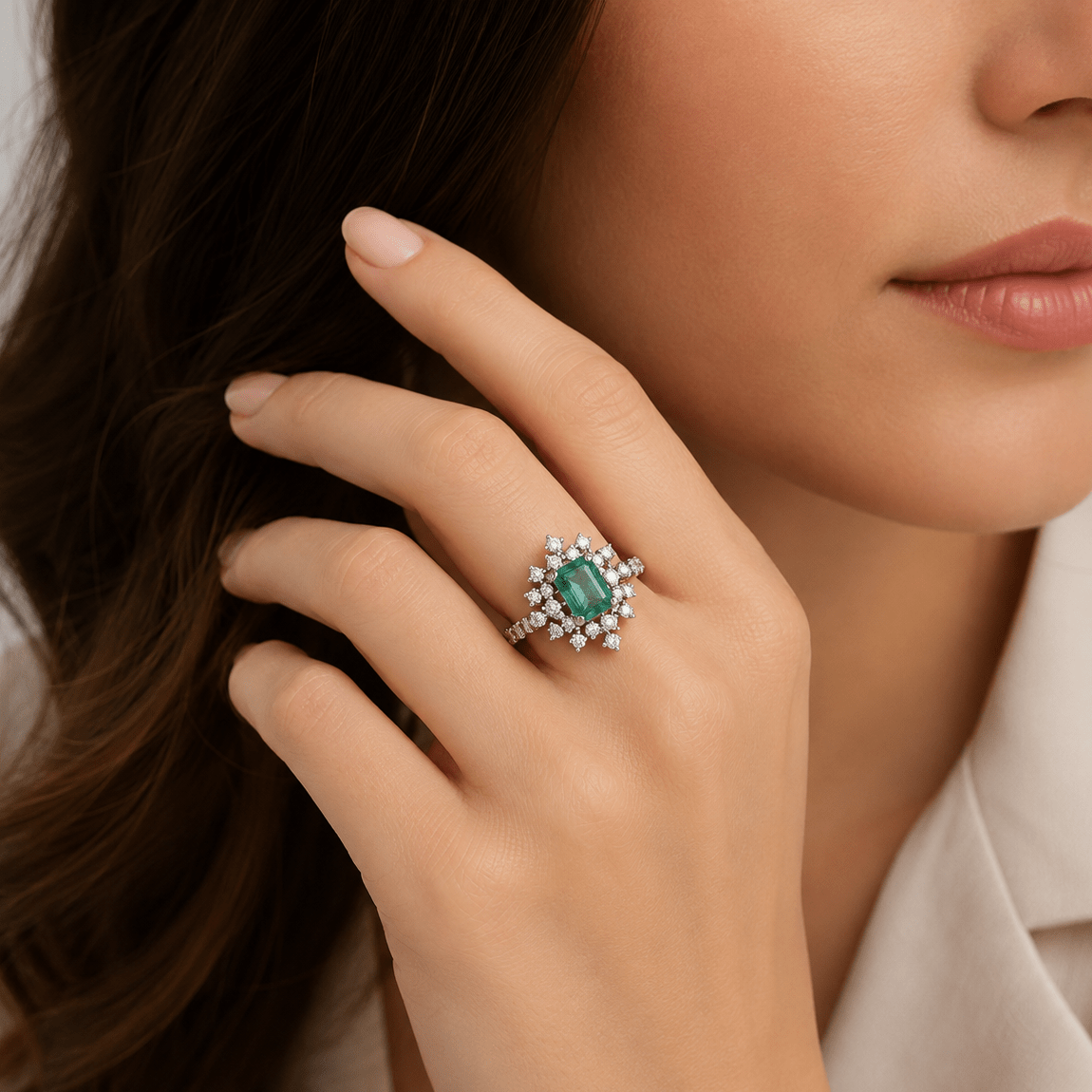 Bague Entourage en or blanc, émeraude et diamants - Castafiore