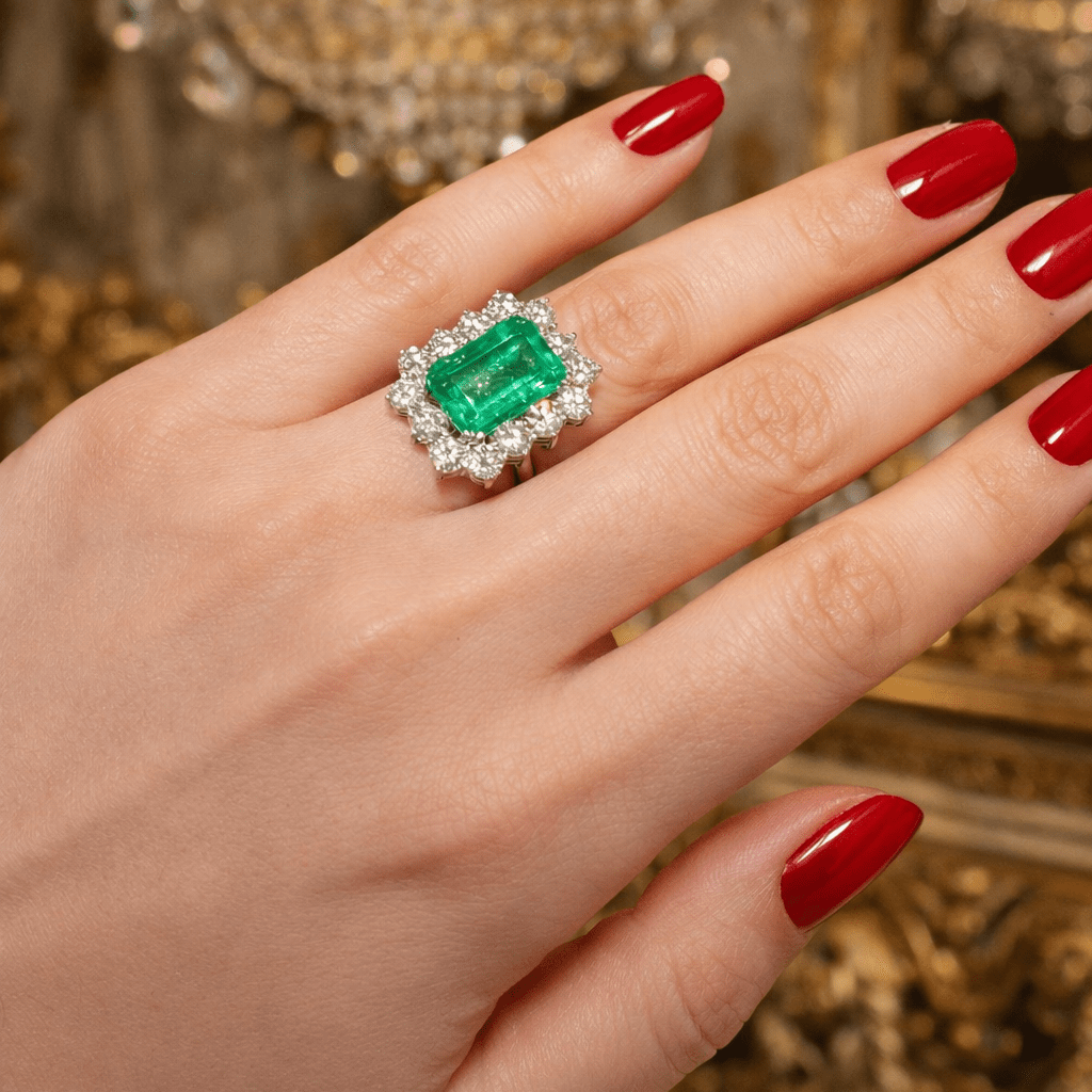 Bague Entourage en or blanc, émeraude et diamants - Castafiore