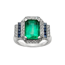 Bague Entourage en or blanc, émeraude, saphirs et diamants - Castafiore
