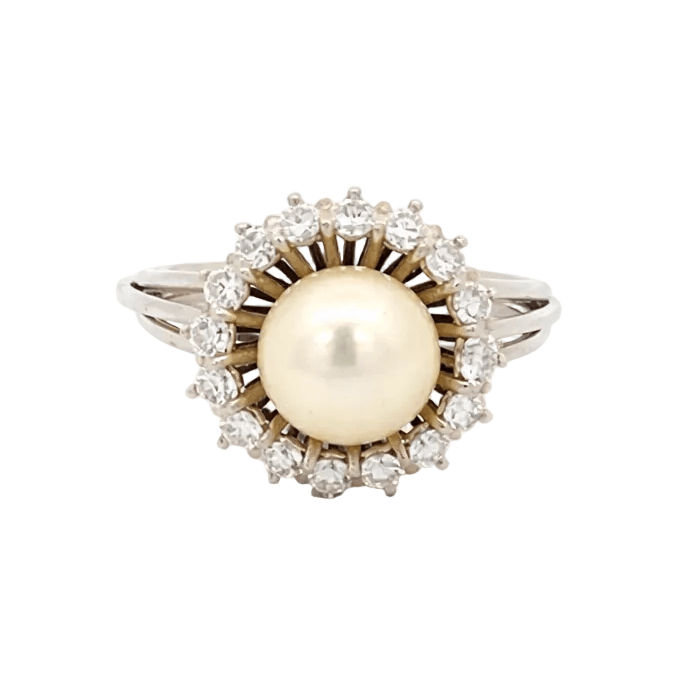Bague Entourage en or blanc, perle et diamants - Castafiore