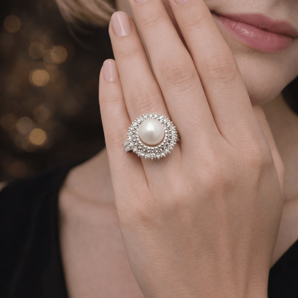 Bague Entourage en or blanc, perle et diamants - Castafiore