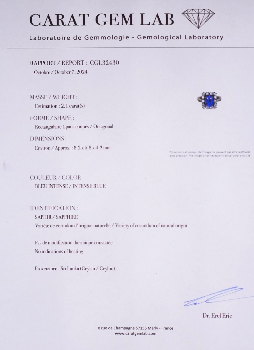 Bague Entourage en or blanc, platine, saphir naturel de Ceylan et diamants - Castafiore