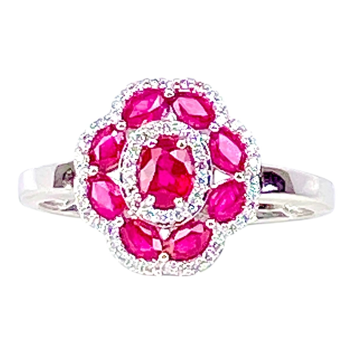 Bague Entourage en or blanc, rubis et diamants - Castafiore