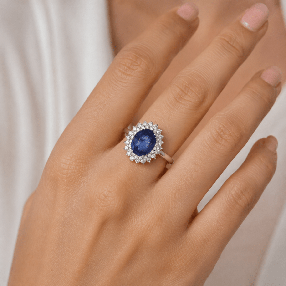 Bague Entourage en or blanc, saphir et diamants - Castafiore