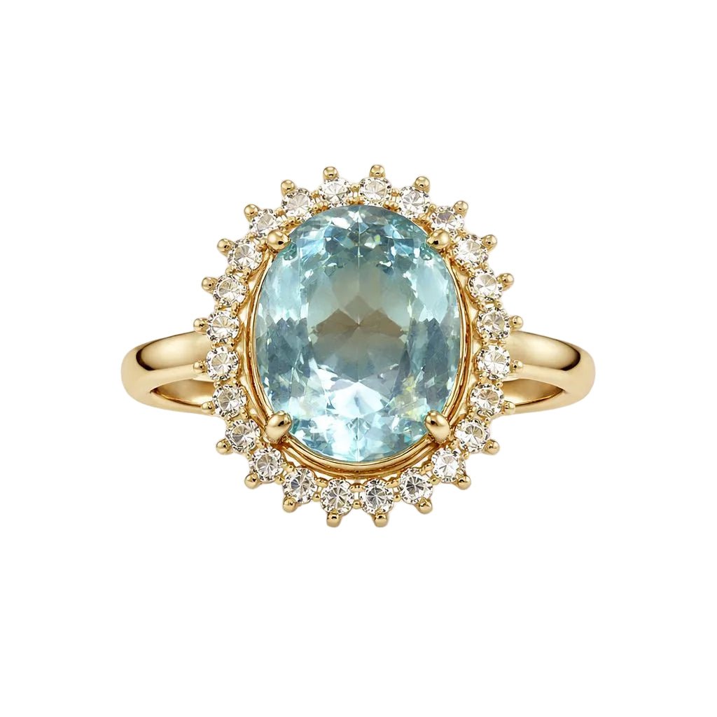 Bague Entourage en or jaune, aigue - marine et diamants - Castafiore