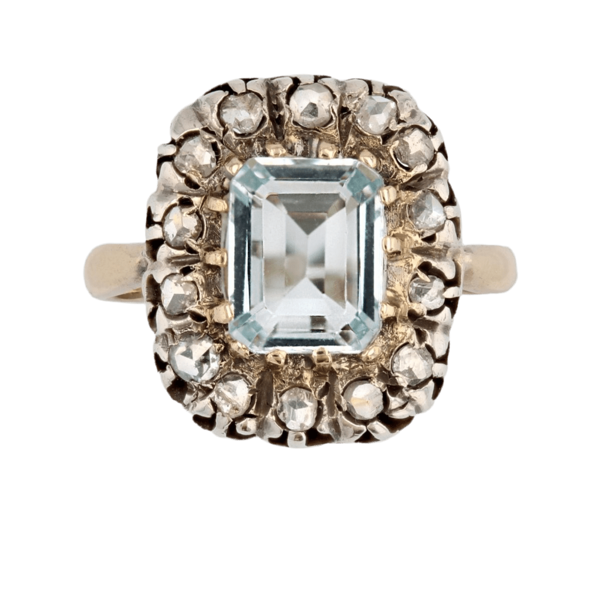 Bague Entourage en or jaune, argent, aigue - marine et diamants - Castafiore