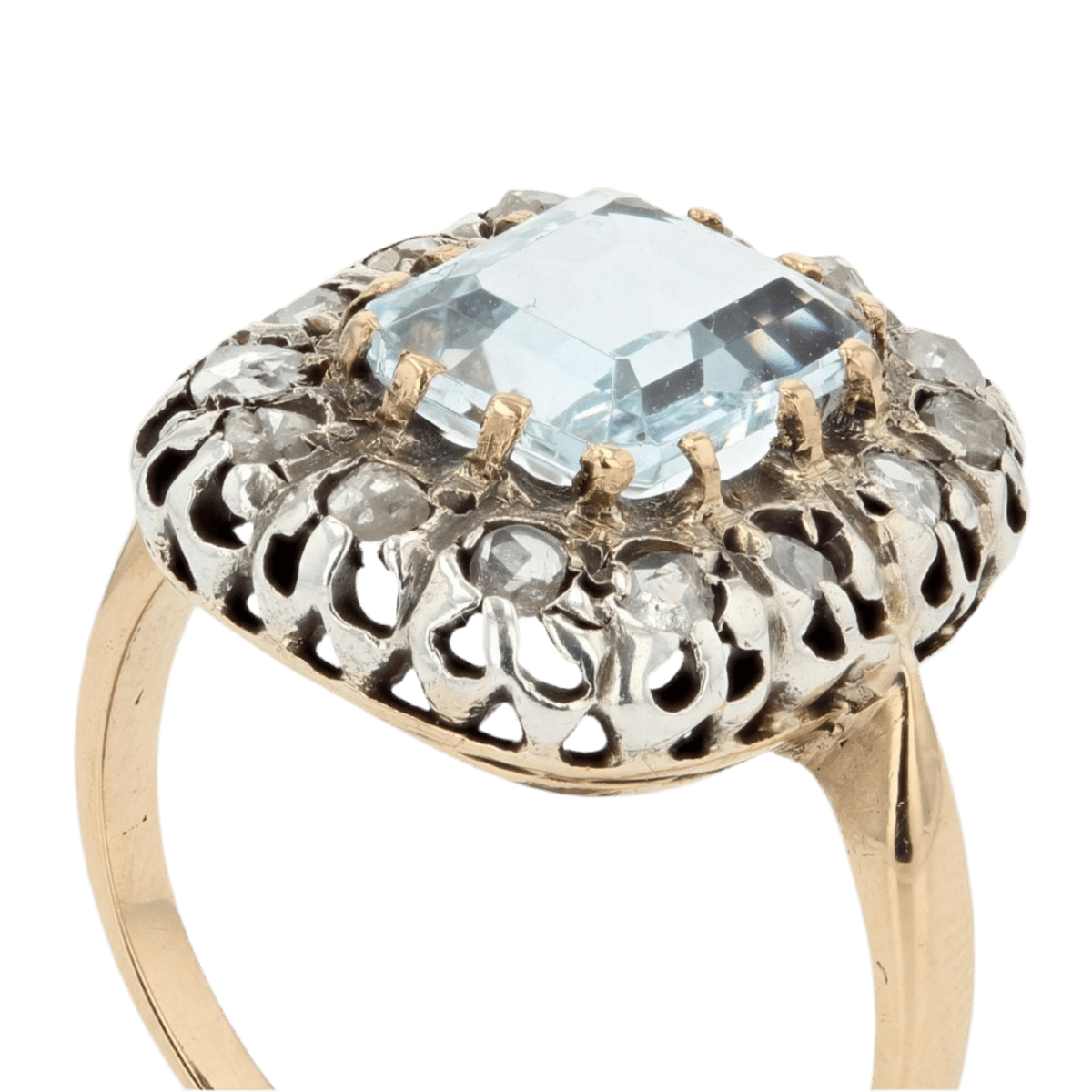 Bague Entourage en or jaune, argent, aigue - marine et diamants - Castafiore