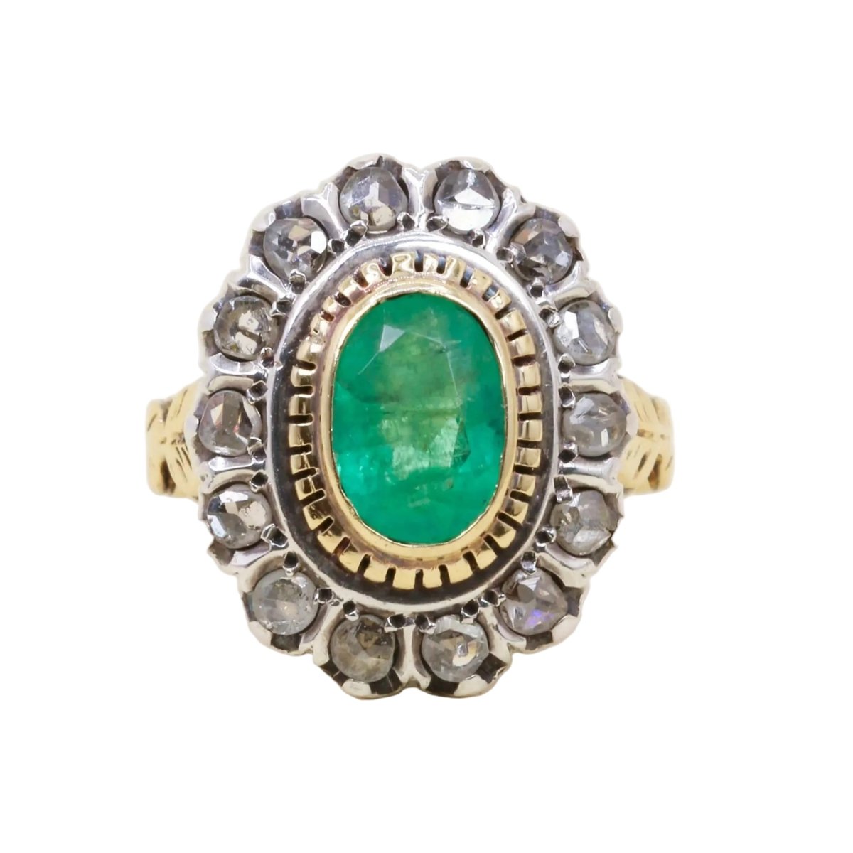 Bague Entourage en or jaune, argent, émeraude et diamants - Castafiore