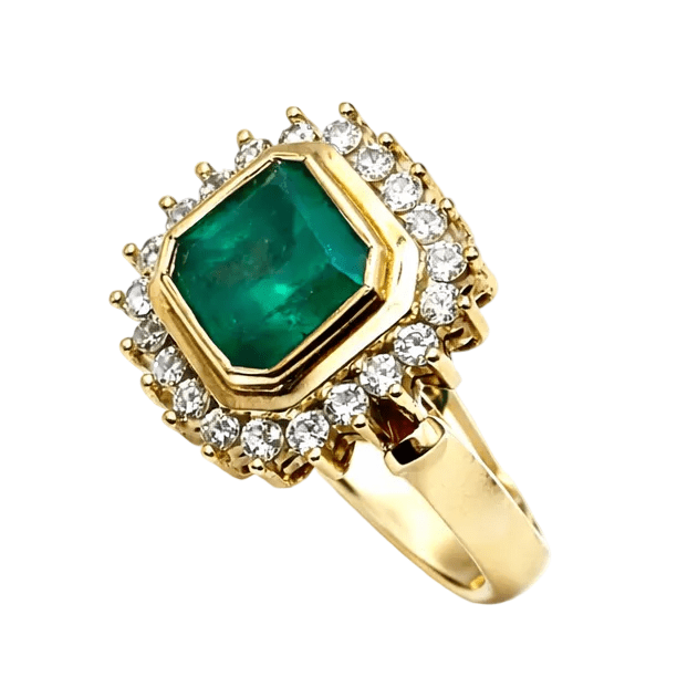 Bague Entourage en or jaune, émeraude et diamants - Castafiore