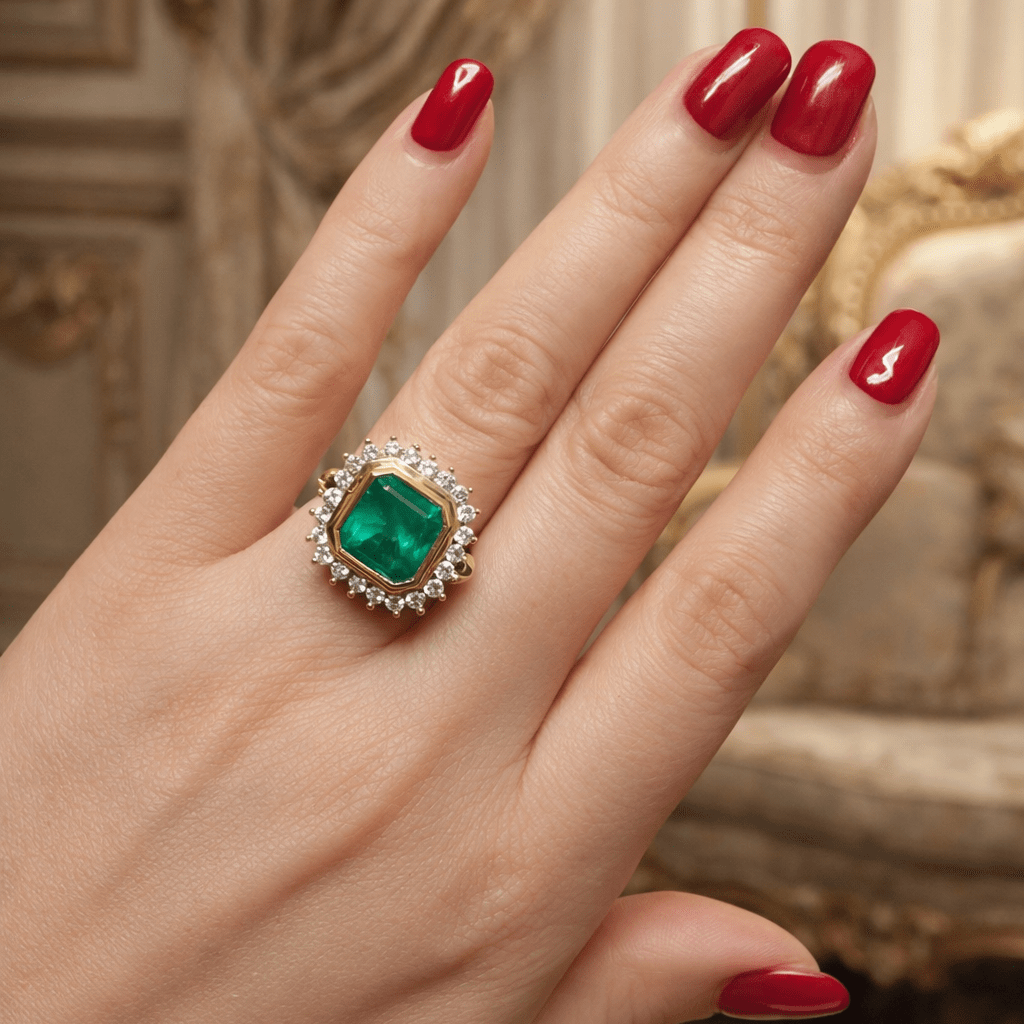 Bague Entourage en or jaune, émeraude et diamants - Castafiore