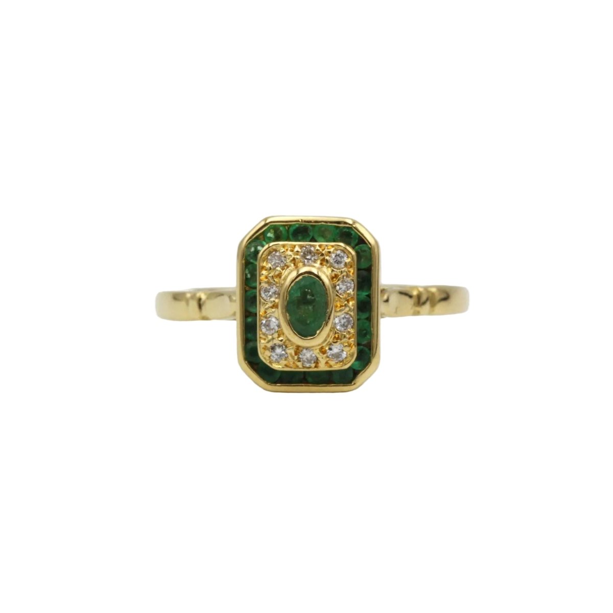 Bague Entourage en or jaune, émeraudes et diamants - Castafiore