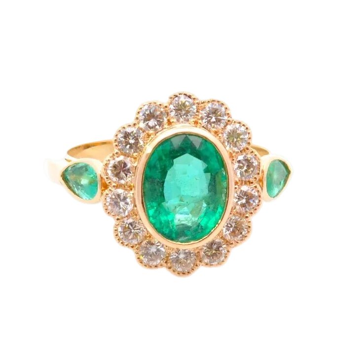 Bague Entourage en or jaune, émeraudes et diamants - Castafiore