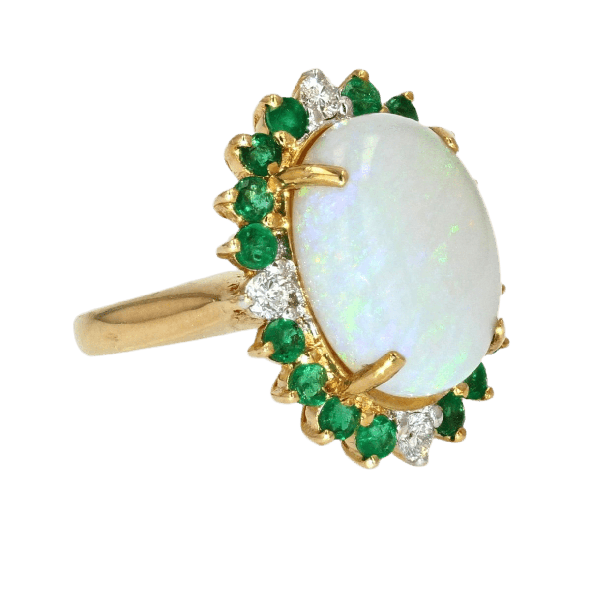 Bague Entourage en or jaune, opale, émeraudes et diamants - Castafiore