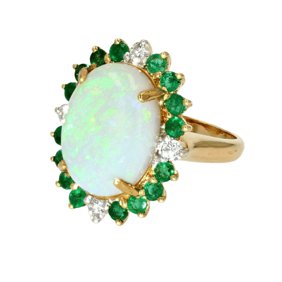 Bague Entourage en or jaune, opale, émeraudes et diamants - Castafiore