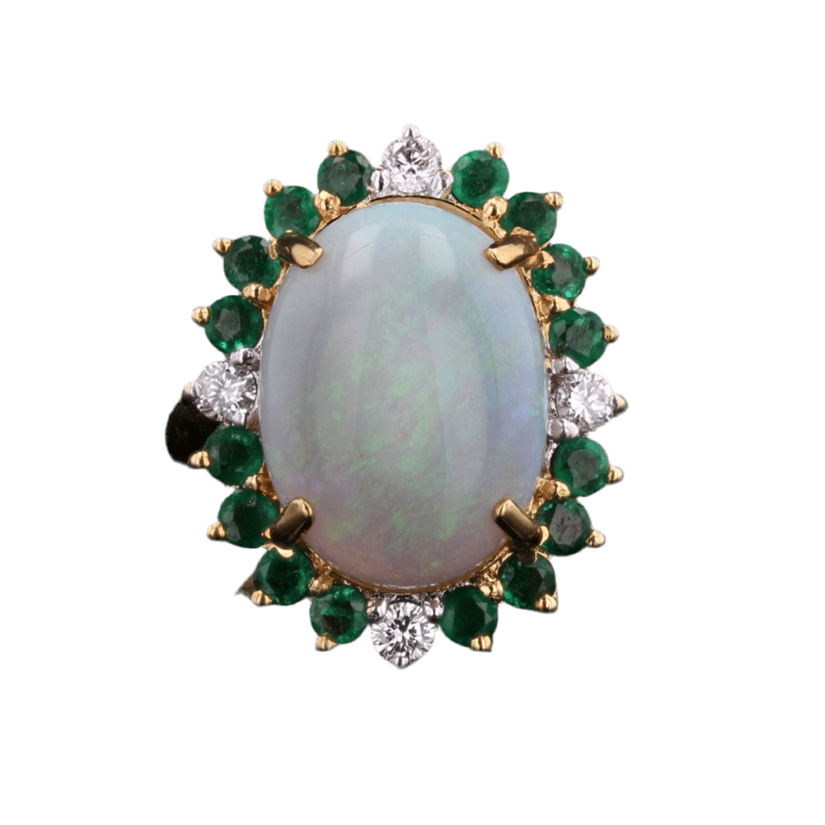 Bague Entourage en or jaune, opale, émeraudes et diamants - Castafiore